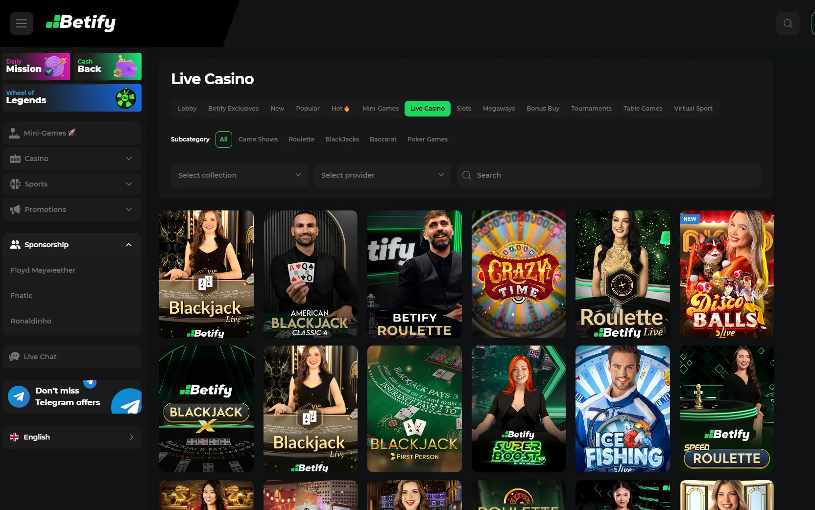 Tables de Live Casino Betify en streaming HD avec croupiers en direct pour le Blackjack VIP, la Roulette exclusive et les Game Shows